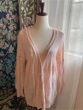 Pastel Pink Knit Cardigan with Heart Pattern, Long Sleeves, Button Up Front